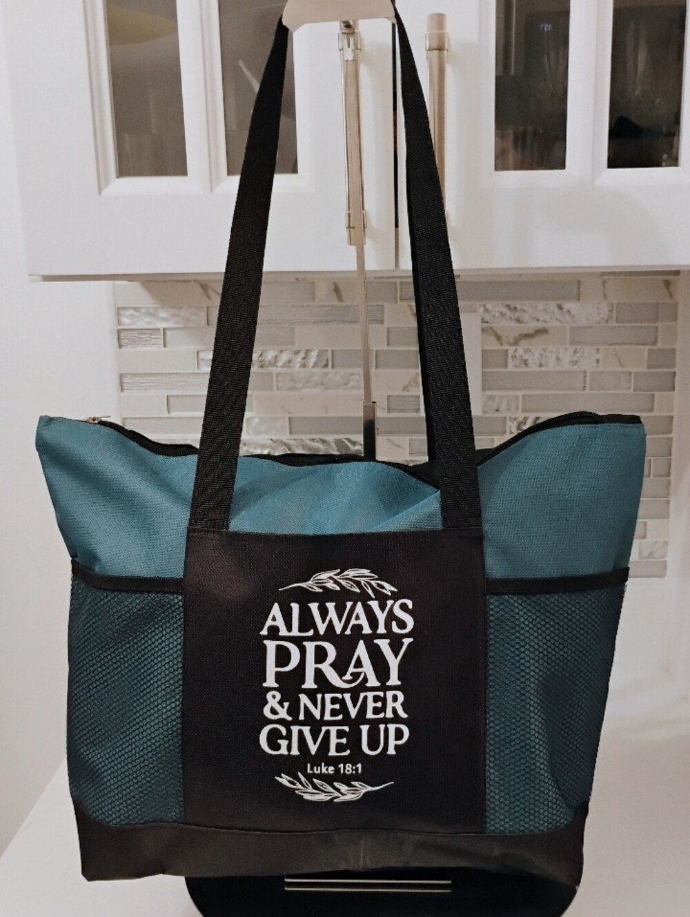 NEW Scripture Canvas Tote - Always Pray - Teal & Black Bag